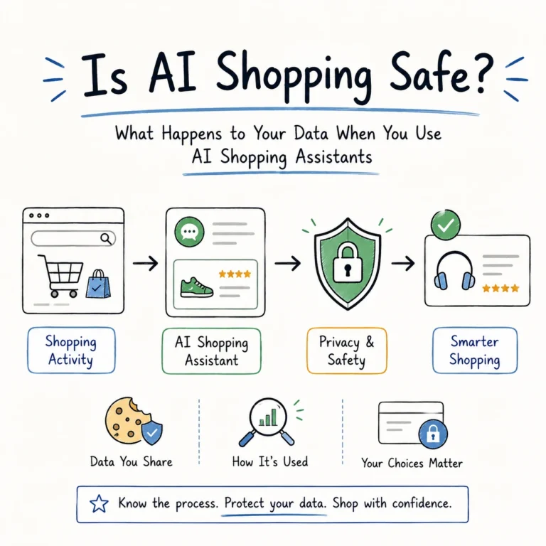 AI shopping safety infographic showing how shopping activity is processed through AI assistants into personalization while maintaining privacy and user control