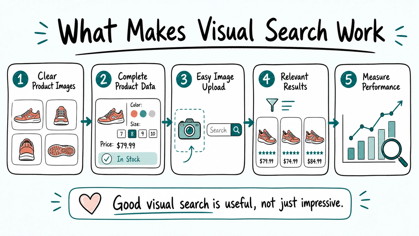 Visual search ecommerce best practices for product images, data, image upload, relevant results, and performance measurement