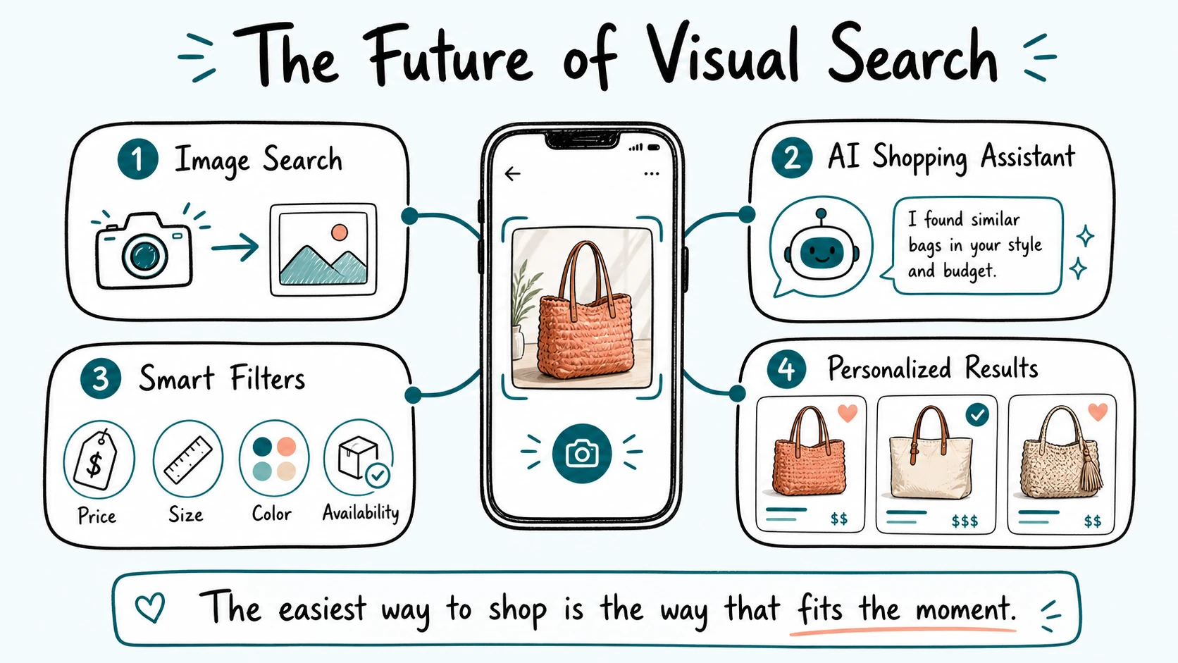 Future visual search ecommerce experience combining image search, AI shopping assistants, smart filters, and personalized results