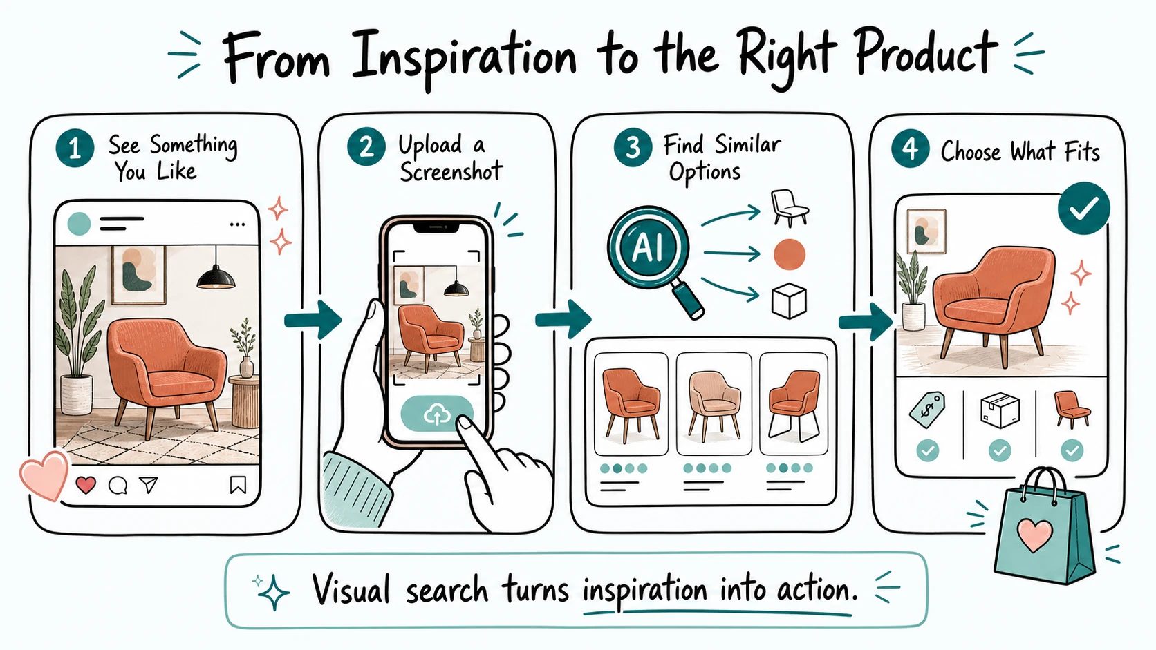 Visual search ecommerce journey from product inspiration and screenshot upload to similar available products