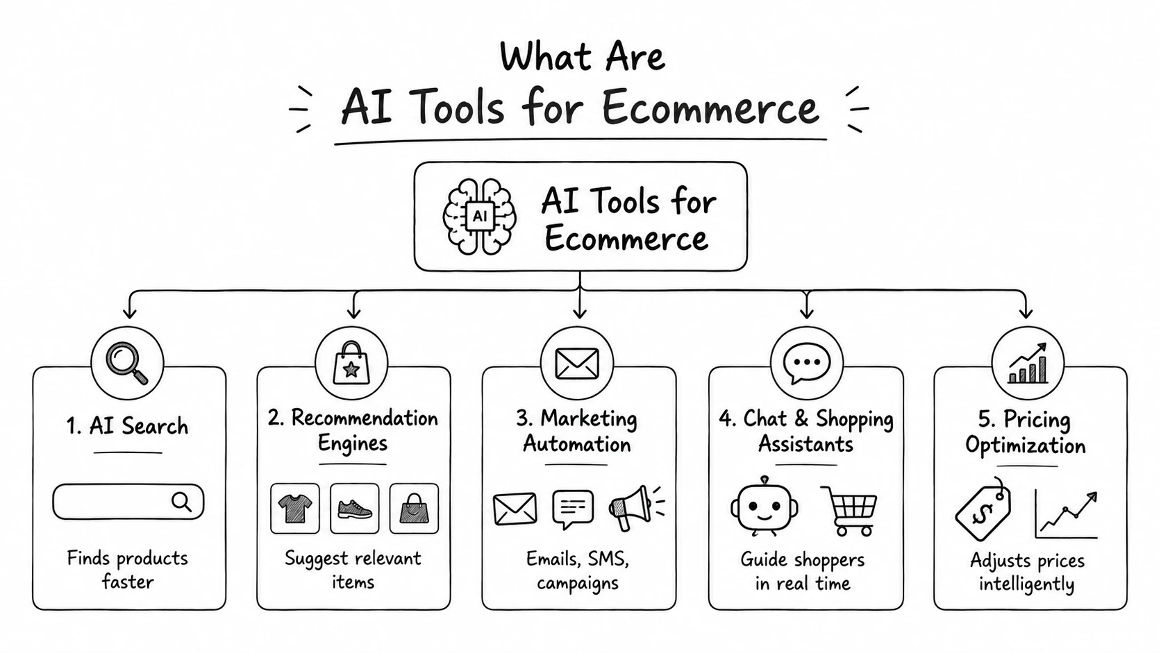 What are AI tools for ecommerce infographic showing AI search, recommendation engines, marketing automation, chat assistants, and pricing optimization