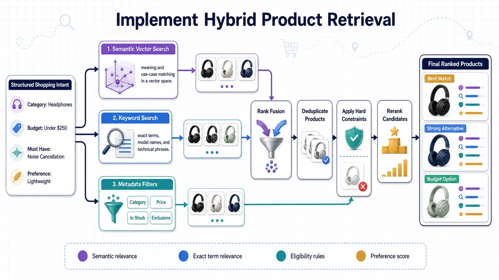 Hybrid product retrieval combining semantic vector search, keyword search, metadata filters, rank fusion, and reranking